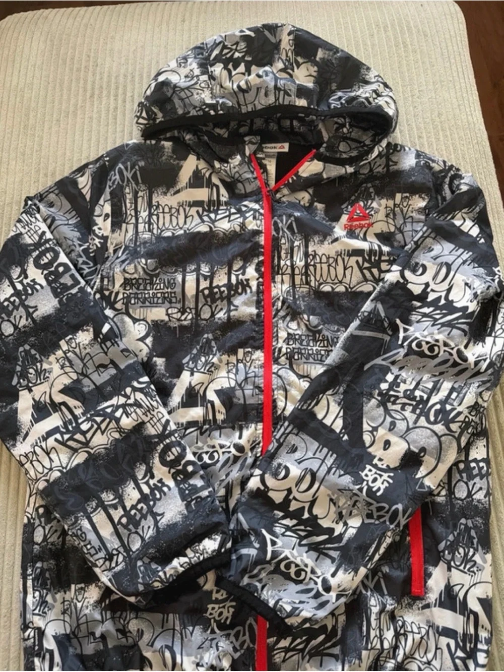Reebok Black & White Graffiti Hooded Windbreaker with Red Trim
